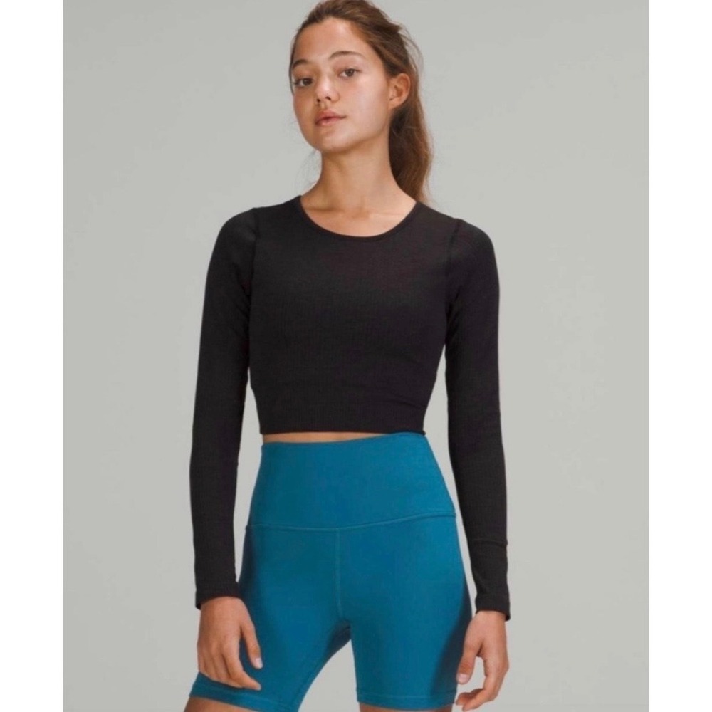 Lululemon Ebb to Street Long Sleeve Shirt Black Ribbed Cropped Size 6